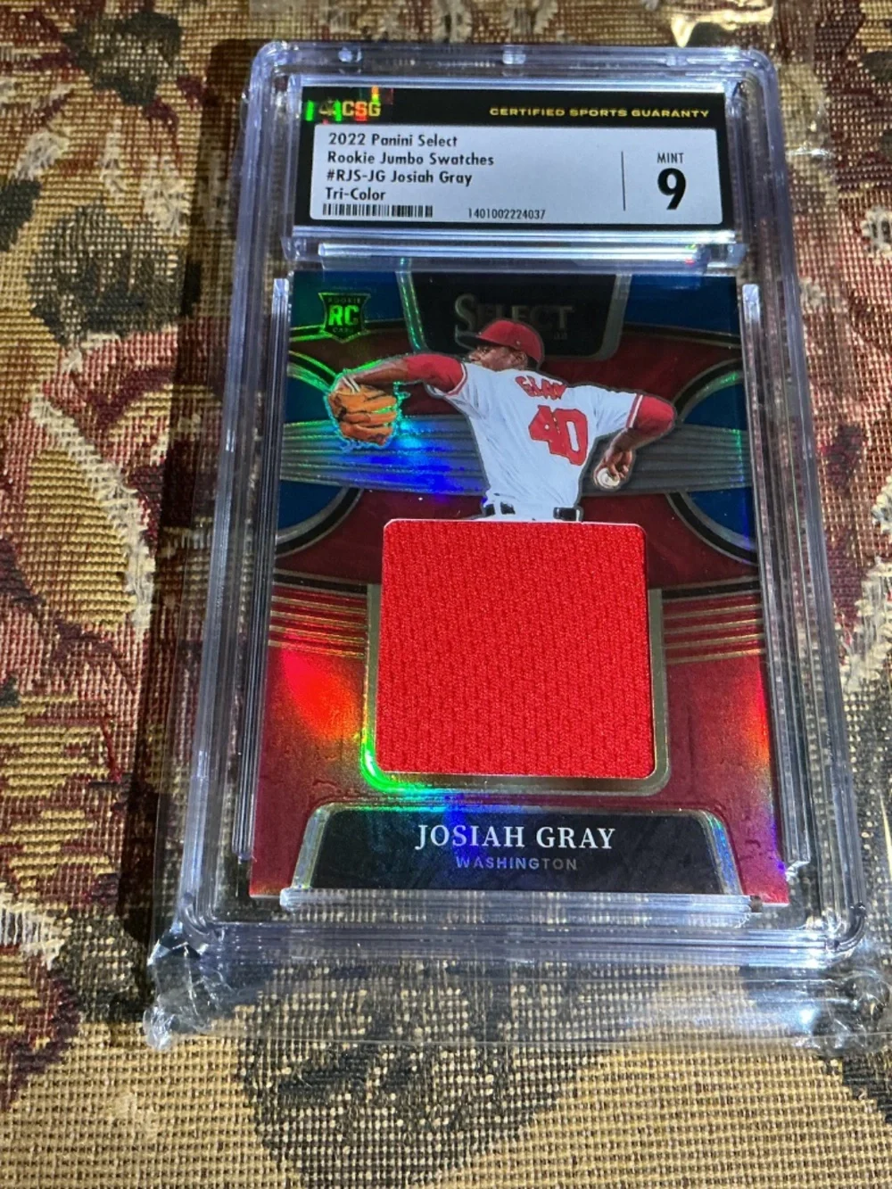 2022 Panini Select Josiah Gray Rookie Jumbo Swatch Jersey Tri-Color /99 CSG 9